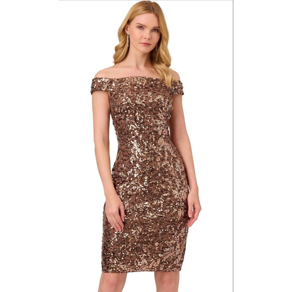Adrianna Papell Dresses & Skirts - Adrianna Papell Women's Copper Sequin Off Shoulder Dress Size 14 EUC